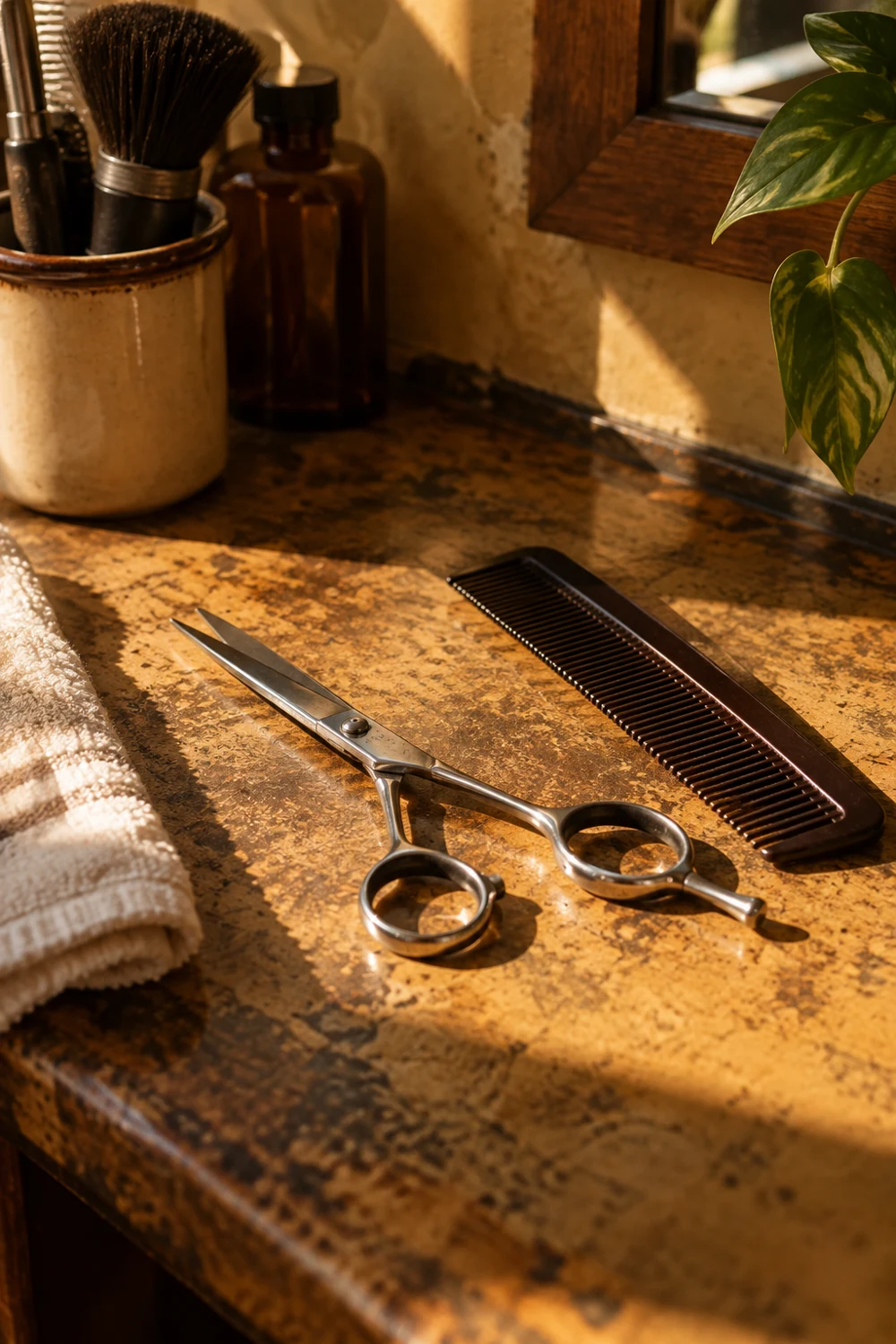 Illustrative barber scissors and comb on an ochre counter