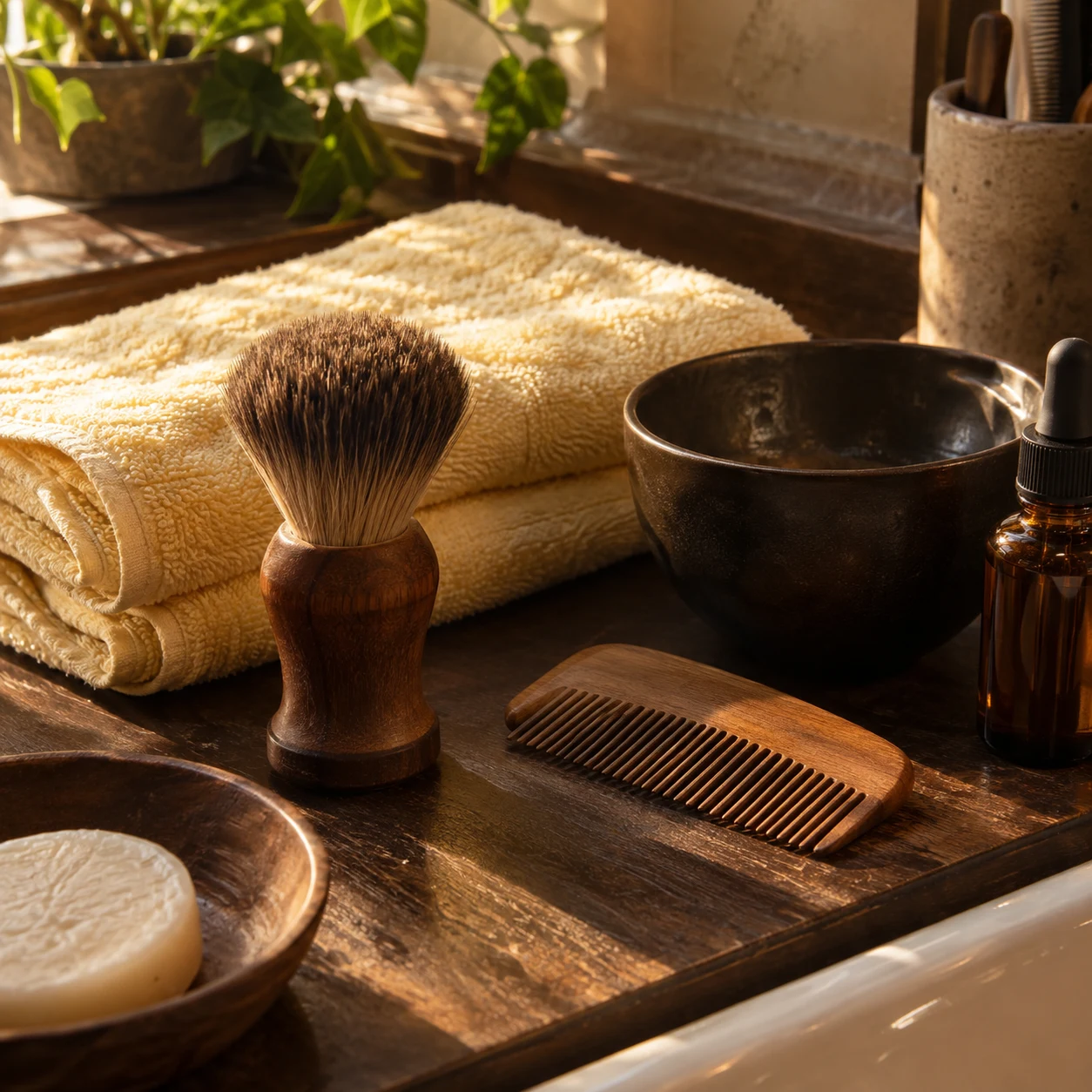 Illustrative beard brush, towel and grooming tools
