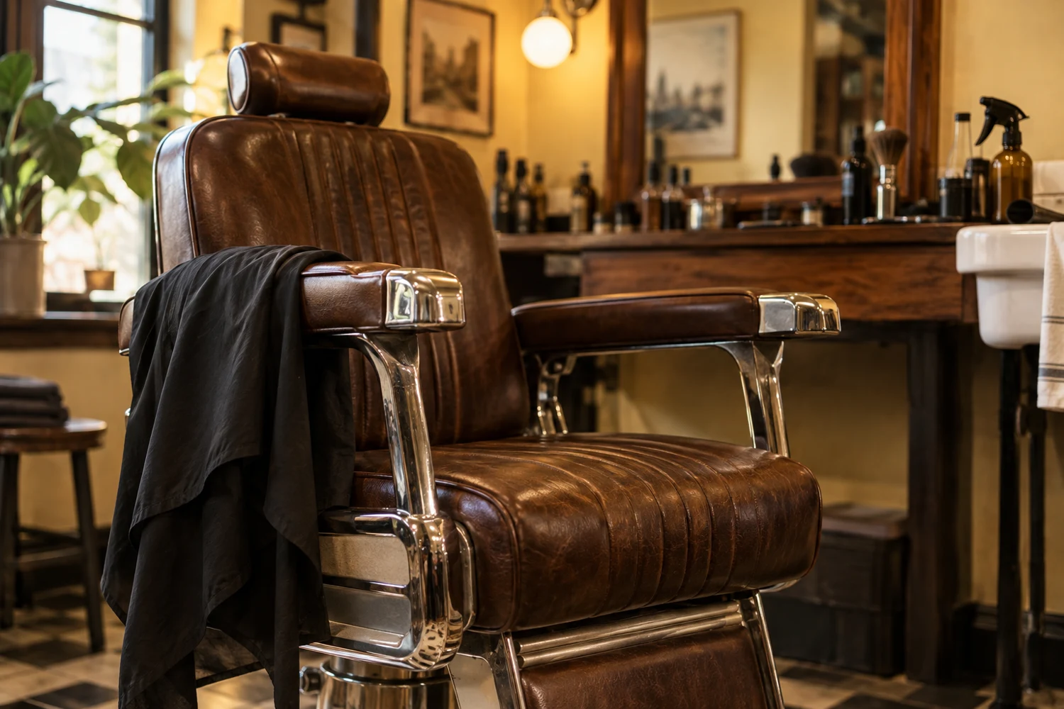 Illustrative barber chair and draped cape