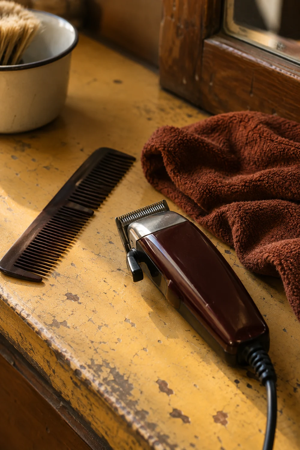 Illustrative barber clipper, comb and cloth